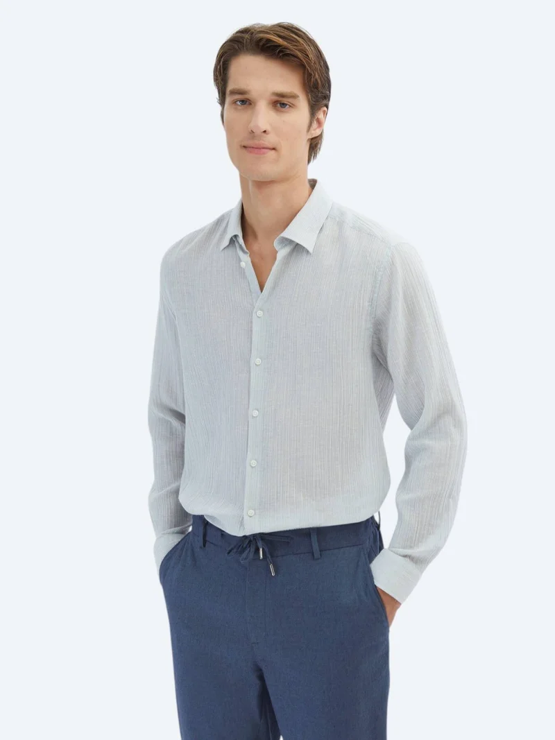 Kip Blue Striped Regular Fit Long Weaving Casual Cotton Blended Shirt