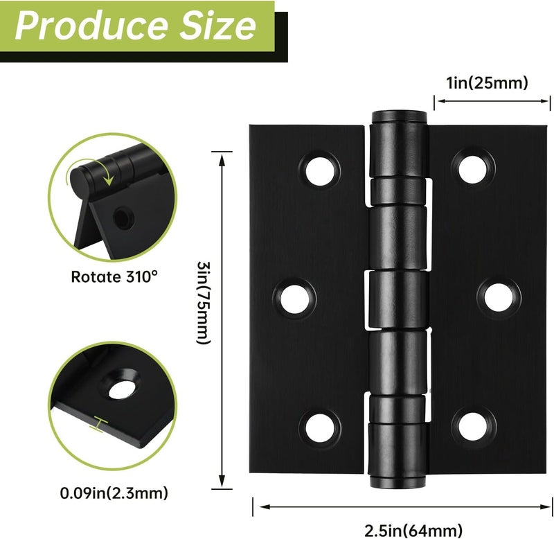 MOZCORN 6-Pack Black Door Hinges, 3 Inch Heavy Duty Stainless Steel Hinge for Interior Exterior Doors, Max Loading 100LB, Matte Black Ball Bearing Hinges with Screws, Smooth and Quiet - Image 2