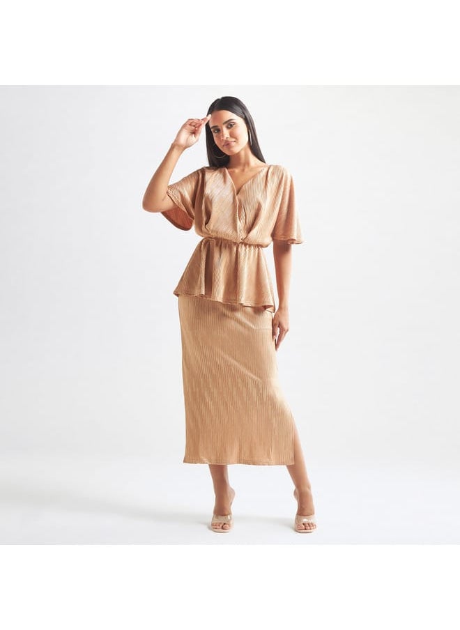 FAV Textured V-neck Peplum Top with Extended Sleeves  - Image 2