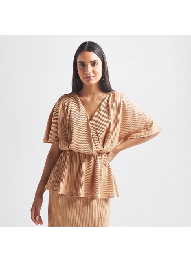 FAV Textured V-neck Peplum Top with Extended Sleeves  - Image 1
