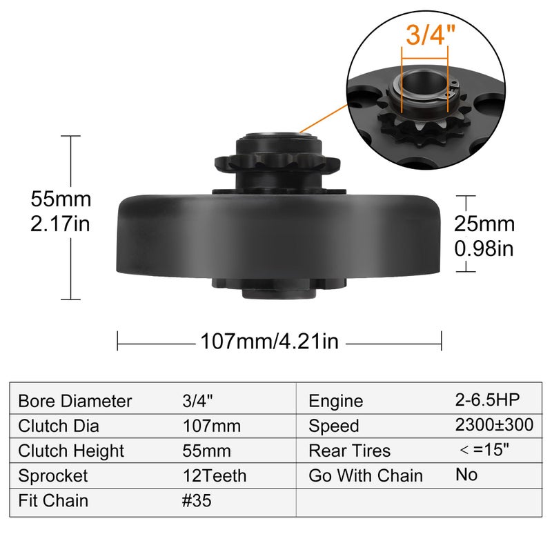 LotFancy Go Kart Clutch 3/4 Bore 12T for #35 Chain, Predator 212 Engine Centrifugal Clutch, with Screws Allen Wrench Clutch Bolts and Nuts Kit - Image 3