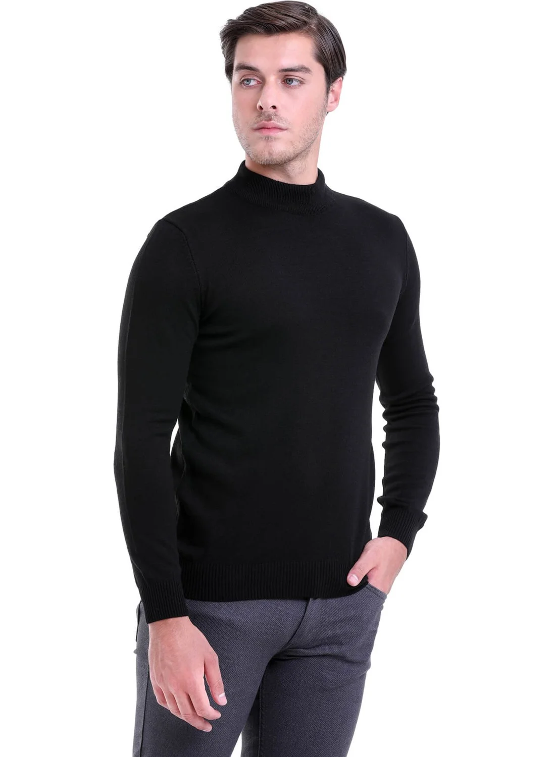Hatemoğlu Men's Black Regular Fit Half Turtleneck Knit Sweater
