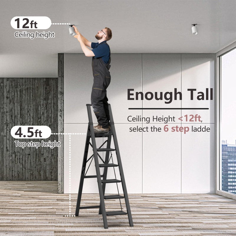 GameGem 6 Step Ladder for 12 Feet High Ceiling, Lightweight Aluminum Folding Step Stool with Convenient Handgrip, Stepladders with Anti-Slip and Wide Pedal for Home Use Space Saving - Black - Image 2