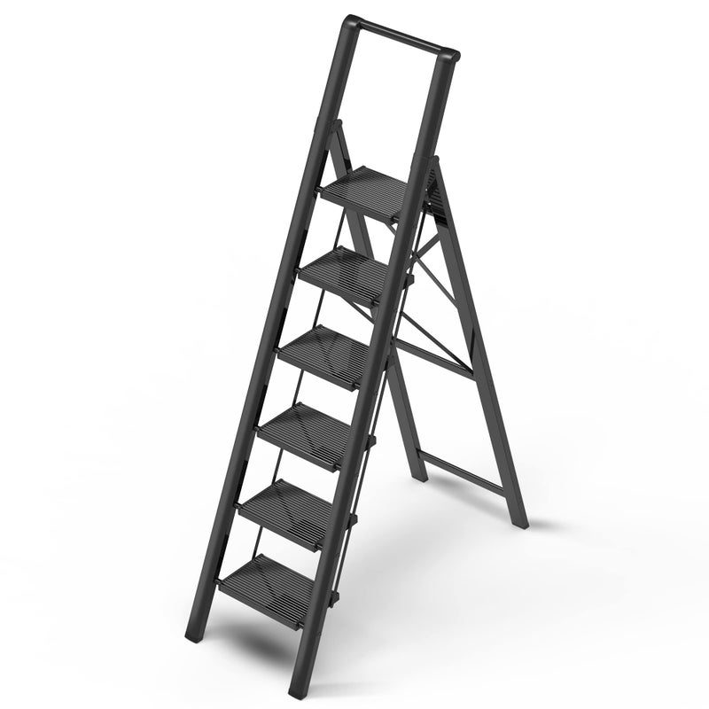 GameGem 6 Step Ladder for 12 Feet High Ceiling, Lightweight Aluminum Folding Step Stool with Convenient Handgrip, Stepladders with Anti-Slip and Wide Pedal for Home Use Space Saving - Black - Image 1