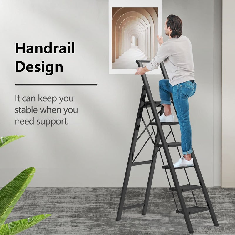 GameGem 6 Step Ladder for 12 Feet High Ceiling, Lightweight Aluminum Folding Step Stool with Convenient Handgrip, Stepladders with Anti-Slip and Wide Pedal for Home Use Space Saving - Black - Image 3