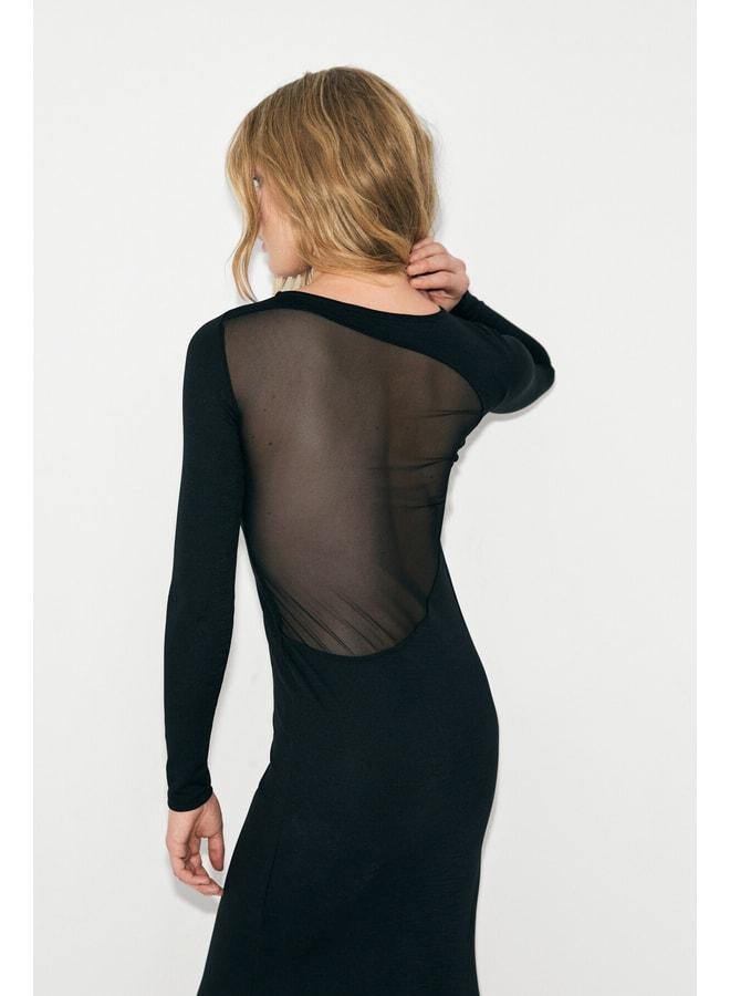GRIMELANGE NOCHE Women's round neck dress with a transparent back mesh and flexible fabric in black. - Image 3