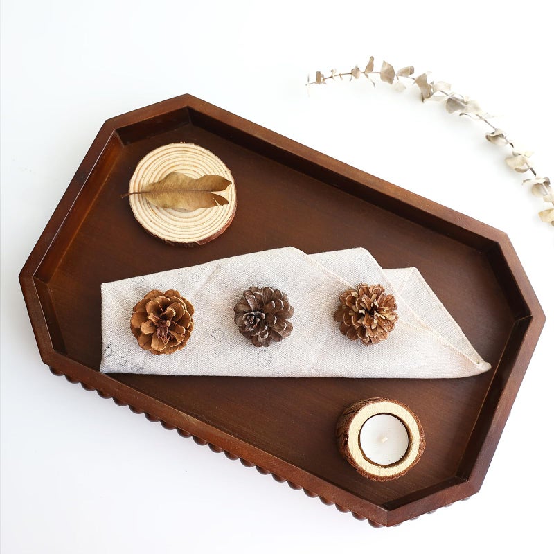 Hrastany Retro Brown Wood Serving Tray with Beads, Farmhouse Decorative Tray for Table Centerpiece, Christmas Wedding Halloween Home Decor - Image 4