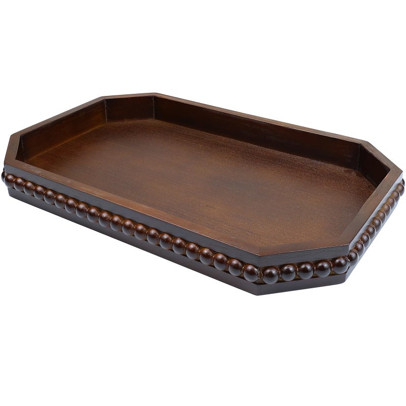 Hrastany Retro Brown Wood Serving Tray with Beads, Farmhouse Decorative Tray for Table Centerpiece, Christmas Wedding Halloween Home Decor - Image 1