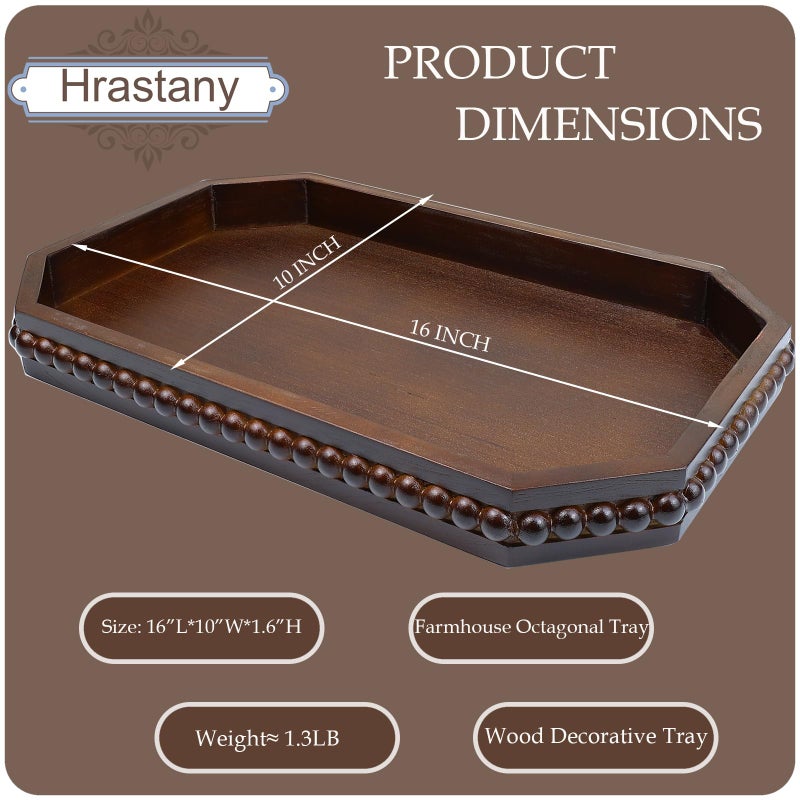 Hrastany Retro Brown Wood Serving Tray with Beads, Farmhouse Decorative Tray for Table Centerpiece, Christmas Wedding Halloween Home Decor - Image 2