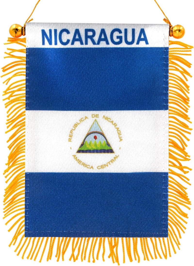 Anley 4 X 6 Inch Nicaragua Fringy Window Hanging Flag - Mini Banner & Car Rearview Mirror Décor - Fringed Nicaraguan Hanging Flag with Suction Cup - Image 1