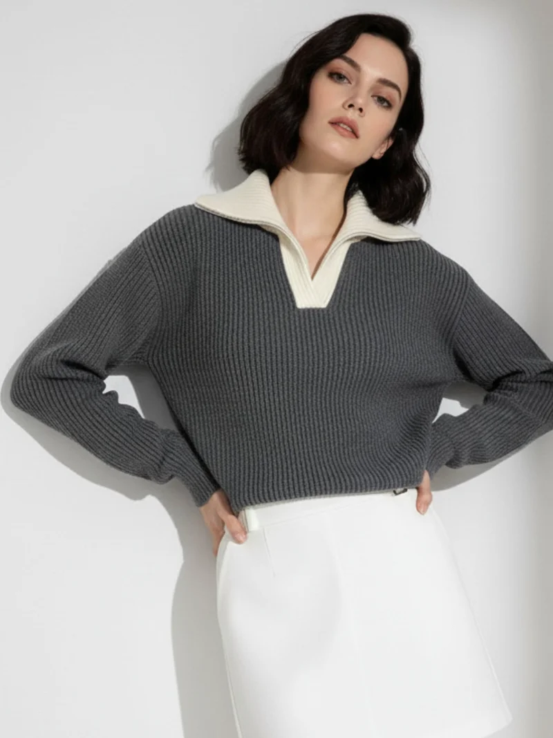 Grey Full Sleeve Contrast Collar Sweater