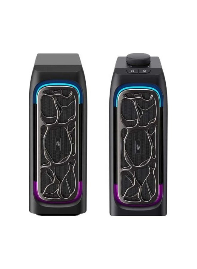 هافيت مكبر صوت ستيريو SK215 RGB للكمبيوتر - مكبران صوتيان 2.5 بوصة، 6 واط RMS، نطاق تردد 20 هرتز - 20 كيلو هرتز، يعمل بمنفذ USB، مزود بمنفذ 3.5 ملم وبلوتوث 5.3، 7 أوضاع إضاءة RGB، مكبر صوت مكتبي صغير الحجم للألعاب، أسود | HVSPK-SK215-BO - Image 3