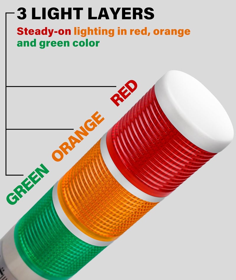 Jectse LED Warning Light,Industrial Red/Orange/Green CNC Machine Indicator Alarm Tower Stack with Buzzer Sound for Machine Tools, Mechanical Equipment 24VDC - Image 2