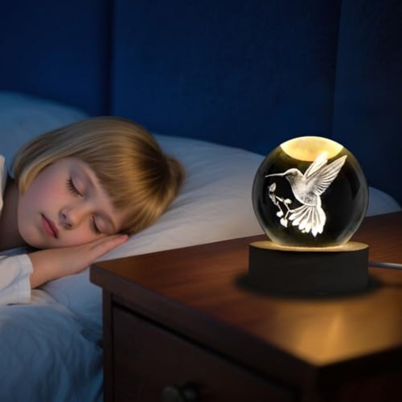 3D Laser Engraved Bird Crystal Ball with LED Stand, 60mm Hummingbird Figurine Lamp Night Light, Glass Hummingbird Globe Paperweight Gift - Image 3
