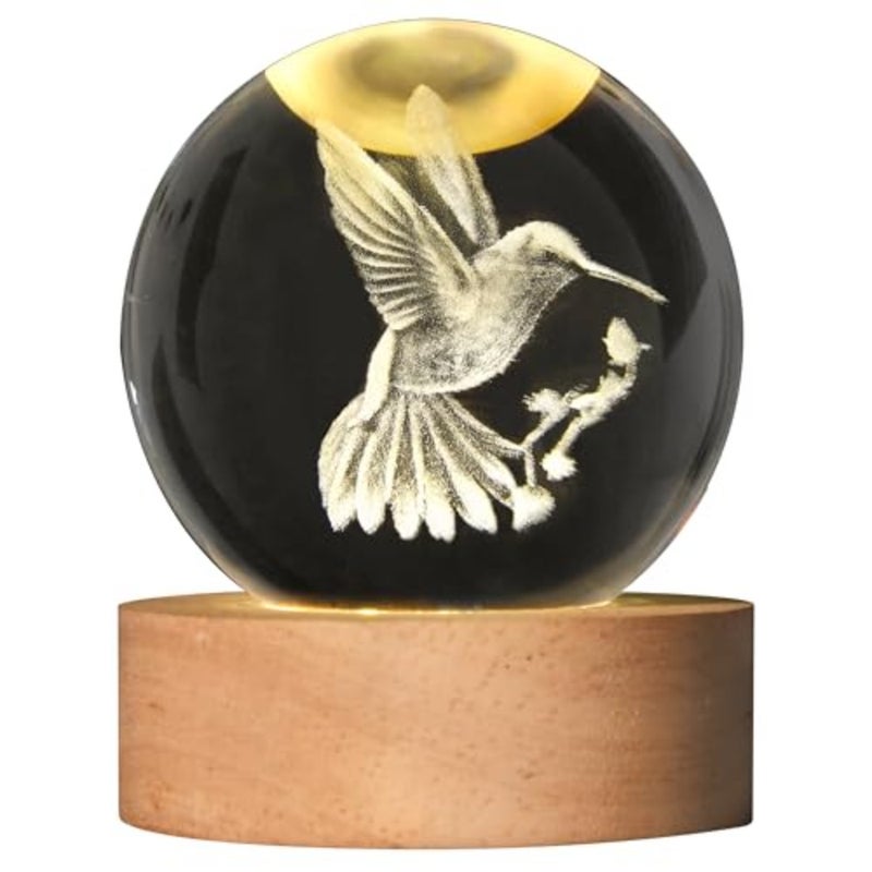 3D Laser Engraved Bird Crystal Ball with LED Stand, 60mm Hummingbird Figurine Lamp Night Light, Glass Hummingbird Globe Paperweight Gift - Image 1