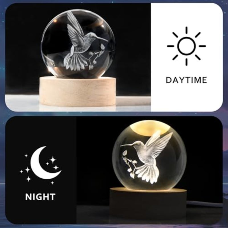 3D Laser Engraved Bird Crystal Ball with LED Stand, 60mm Hummingbird Figurine Lamp Night Light, Glass Hummingbird Globe Paperweight Gift - Image 5