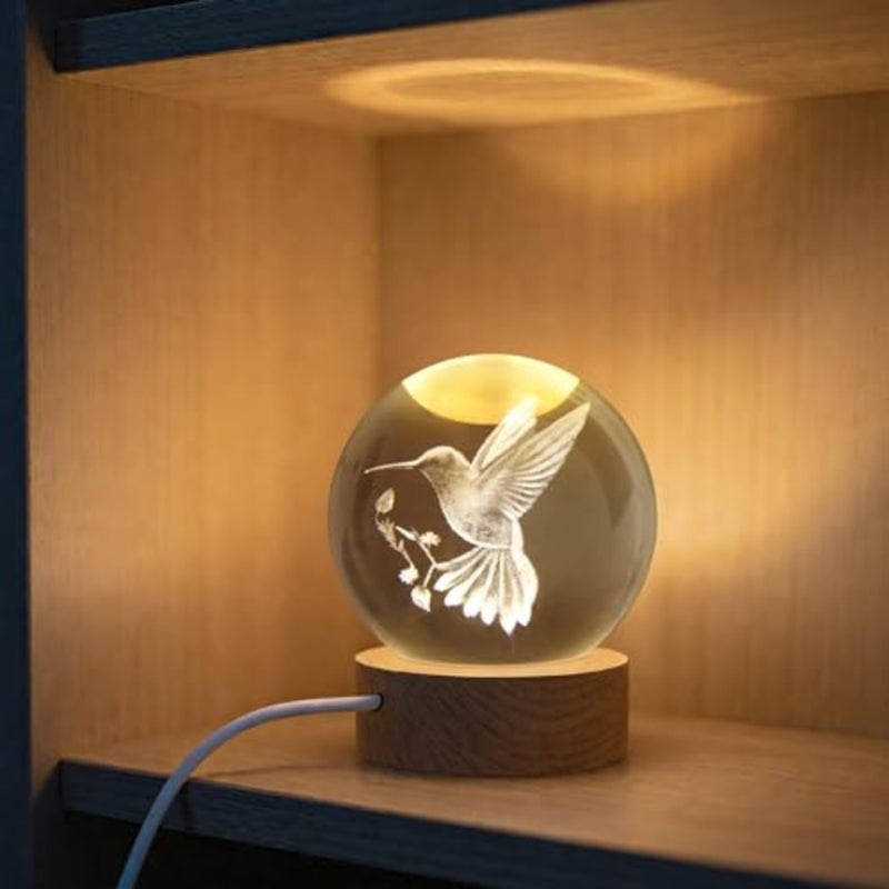 3D Laser Engraved Bird Crystal Ball with LED Stand, 60mm Hummingbird Figurine Lamp Night Light, Glass Hummingbird Globe Paperweight Gift - Image 2