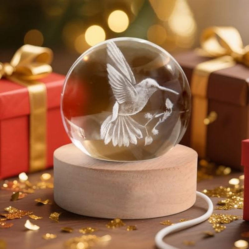 3D Laser Engraved Bird Crystal Ball with LED Stand, 60mm Hummingbird Figurine Lamp Night Light, Glass Hummingbird Globe Paperweight Gift - Image 4