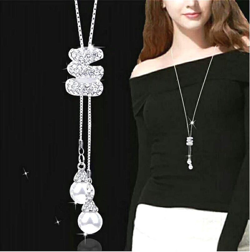 Sither Cathercing Spiral Pearl Pendant Long Necklace for Women Sweater Chain Statement Necklace Choker Adjustable Elegant Jewelry Crystal Accessories Dressy Collocation Winter Evening Party Wedding - Image 2