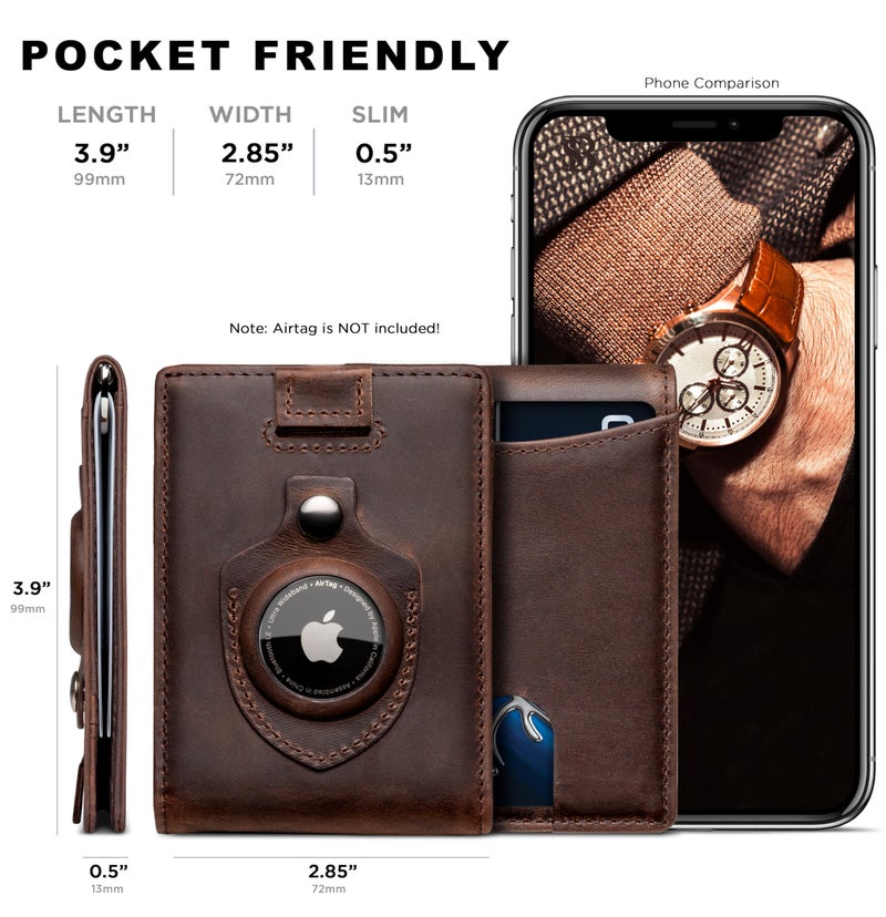 SERMAN BRANDS AirTag Wallet - RFID Blocking Mens Minimalist Money Clip Wallet for Airtag - Full Grain Leather - Slim Bifold. Front Pocket Air tag Wallets for Men. Gift (Texas Brown 1.0 Air) - Image 4