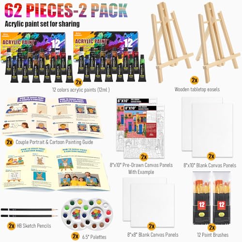 AOTEMOON 2 Pack Painting Set for Couples or Family Groups, 62 PCS Paint Set with 2 Table Easels,24 Acrylic Paints,6 Pre-Drawn & Blank Canvases for Painting,24 Brushes,2 Pencils,2 Palettes and Painting Guides - Image 2