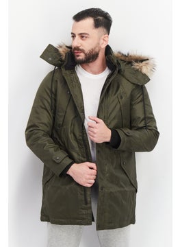 Jack Jones Men Faux Fur Hooded Long Sleeve Parka Jacket, Olive Green  - Image 1