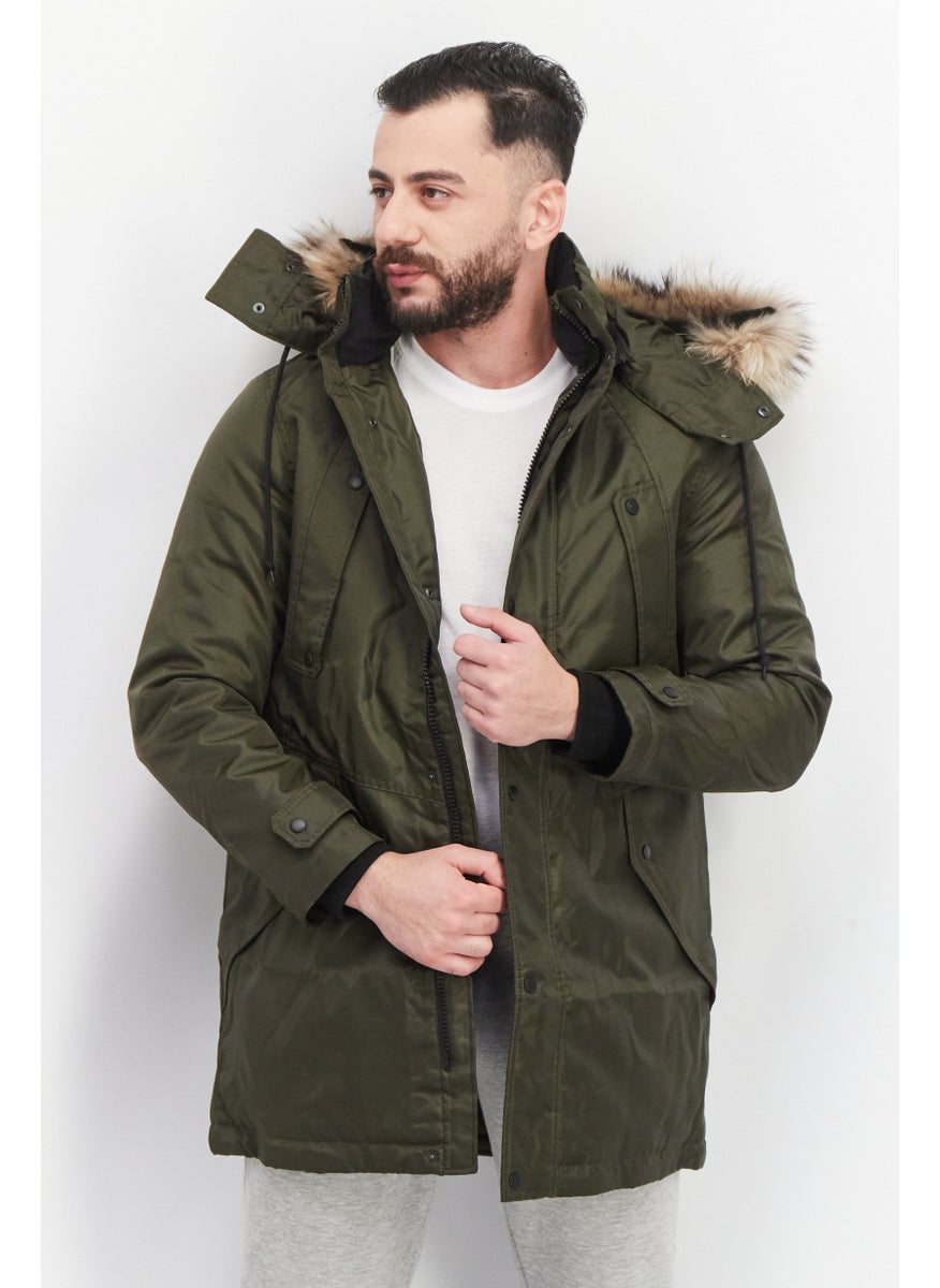 Jack Jones Men Faux Fur Hooded Long Sleeve Parka Jacket, Olive Green  - Image 1
