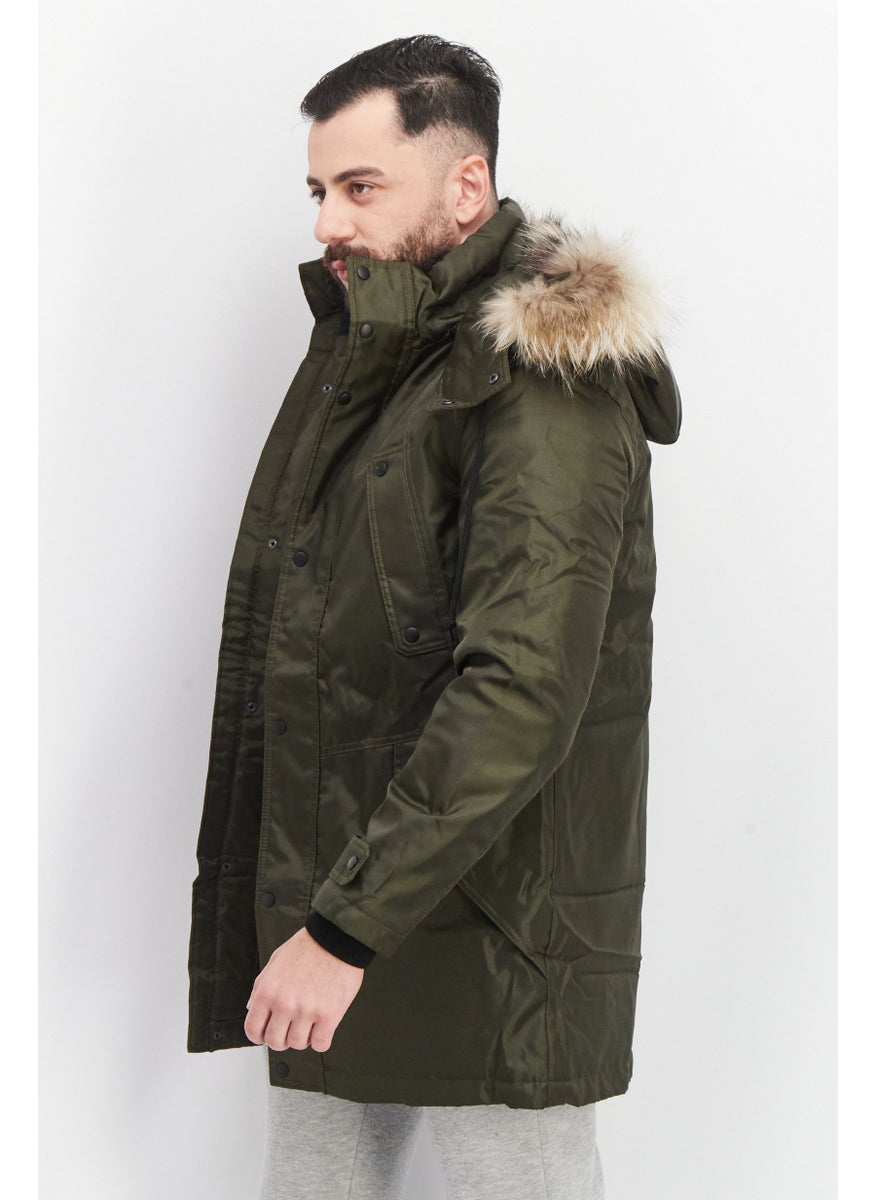 Jack Jones Men Faux Fur Hooded Long Sleeve Parka Jacket, Olive Green  - Image 2