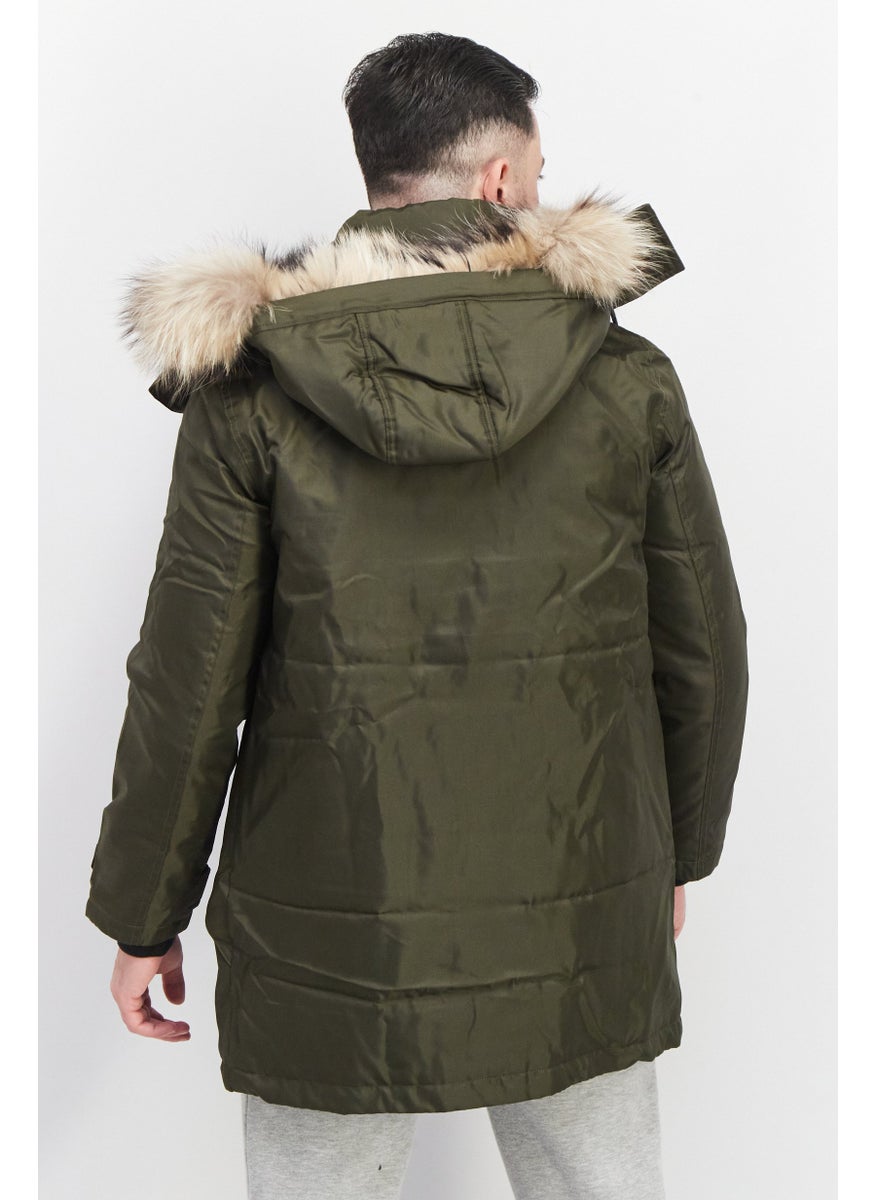 Jack Jones Men Faux Fur Hooded Long Sleeve Parka Jacket, Olive Green  - Image 3