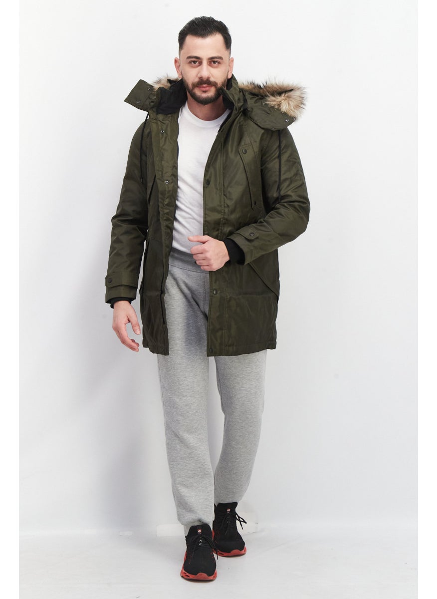 Jack Jones Men Faux Fur Hooded Long Sleeve Parka Jacket, Olive Green  - Image 4