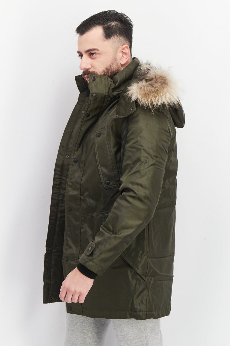 Jack Jones Men Faux Fur Hooded Long Sleeve Parka Jacket, Olive Green - Image 2