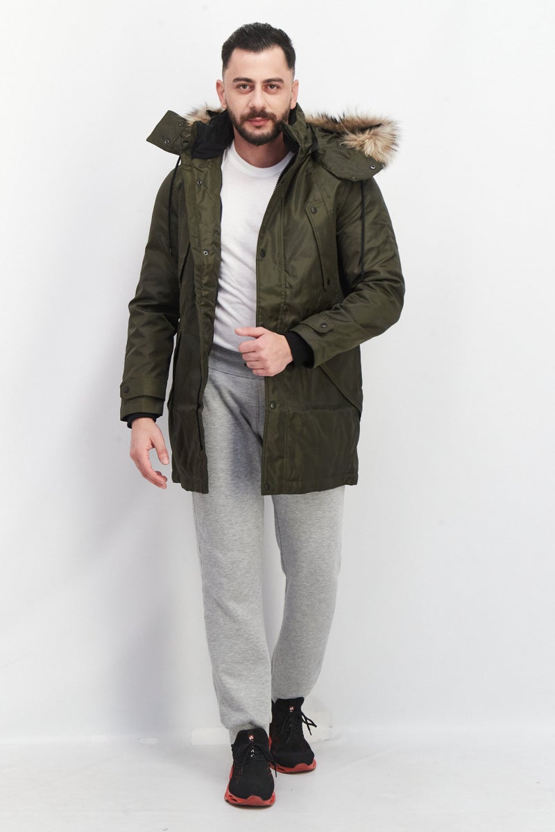 Jack Jones Men Faux Fur Hooded Long Sleeve Parka Jacket, Olive Green - Image 4