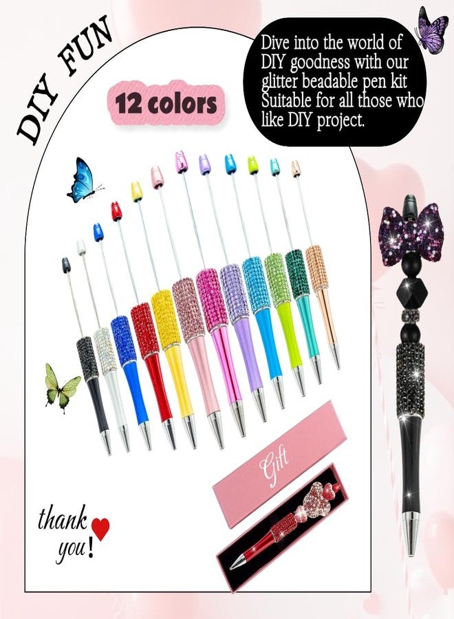 KUNHEHO 12Pcs Beadable Pens Bulk Diamond Ballpoint Pens Multicolor Retractable Writing Pens Bead Pens DIY Focal Beads Pens Making Kit Gifts for School Office Teacher Staff Students - Image 3
