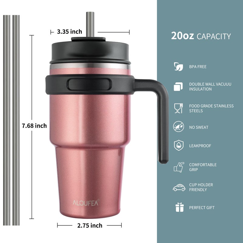 ALOUFEA 20 oz Insulated Coffee Mug Tumbler with Handle, Stainless Steel Travel Mug Tumbler with Lid and Straw,Double Wall Vacuum Leak Proof Ice Coffee Thermal Cup, Rose Gold - Image 2