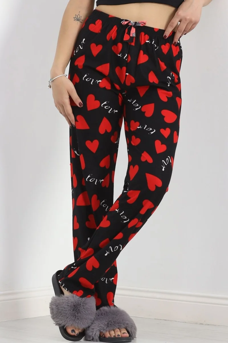 Hilal Giyim Patterned Suede Pajama Bottoms with Red Hearts - 103.1287.
