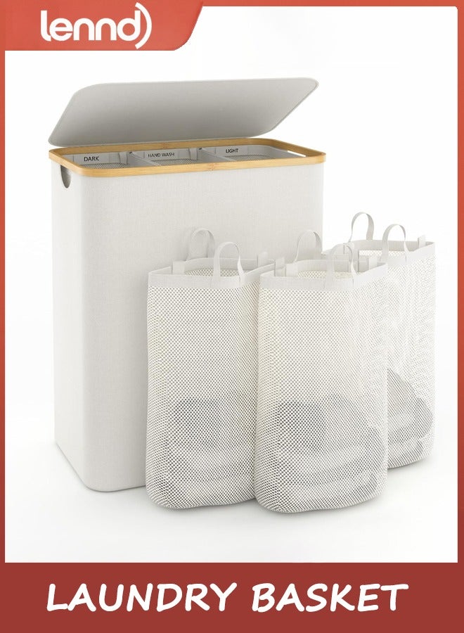 لينند سلة الغسيل مع غطاء ، 160L سلة الغسيل كبيرة الحجم ، 3 أقسام سلة الغسيل القذرة ، غرفة نوم ، سلة الغسيل ، سلة الغسيل القذرة جامع ، البيج - Image 1