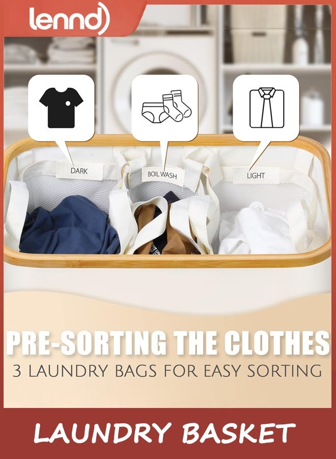 لينند سلة الغسيل مع غطاء ، 160L سلة الغسيل كبيرة الحجم ، 3 أقسام سلة الغسيل القذرة ، غرفة نوم ، سلة الغسيل ، سلة الغسيل القذرة جامع ، البيج - Image 2