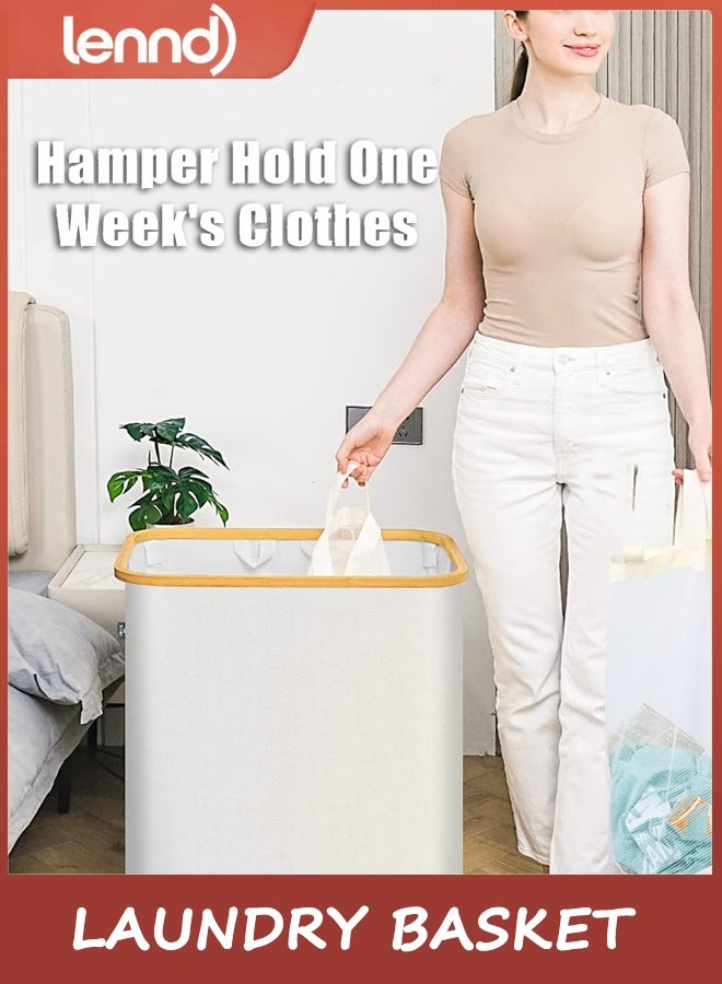 لينند سلة الغسيل مع غطاء ، 160L سلة الغسيل كبيرة الحجم ، 3 أقسام سلة الغسيل القذرة ، غرفة نوم ، سلة الغسيل ، سلة الغسيل القذرة جامع ، البيج - Image 5