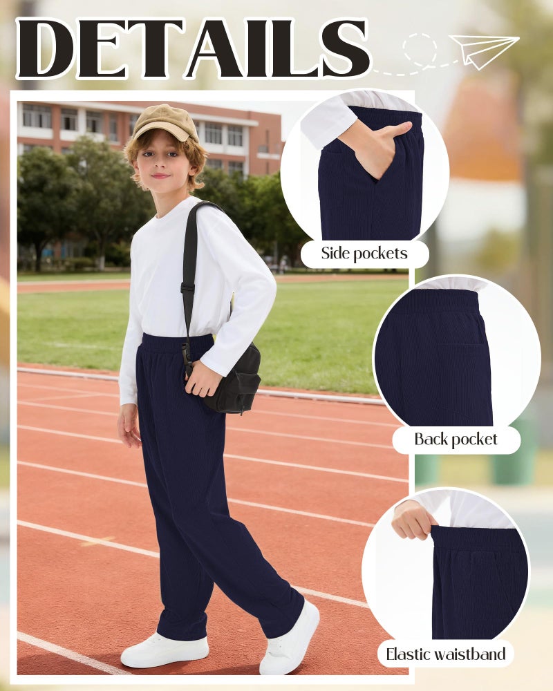 LessonZoo 3 Pack Boys' School Uniform Pants Corduroy Pull-on Sweatpants Straight Leg Elastic Waist Joggers with Pockets(Navy Blue, Khaki, Black,12-13 Years) - Image 3