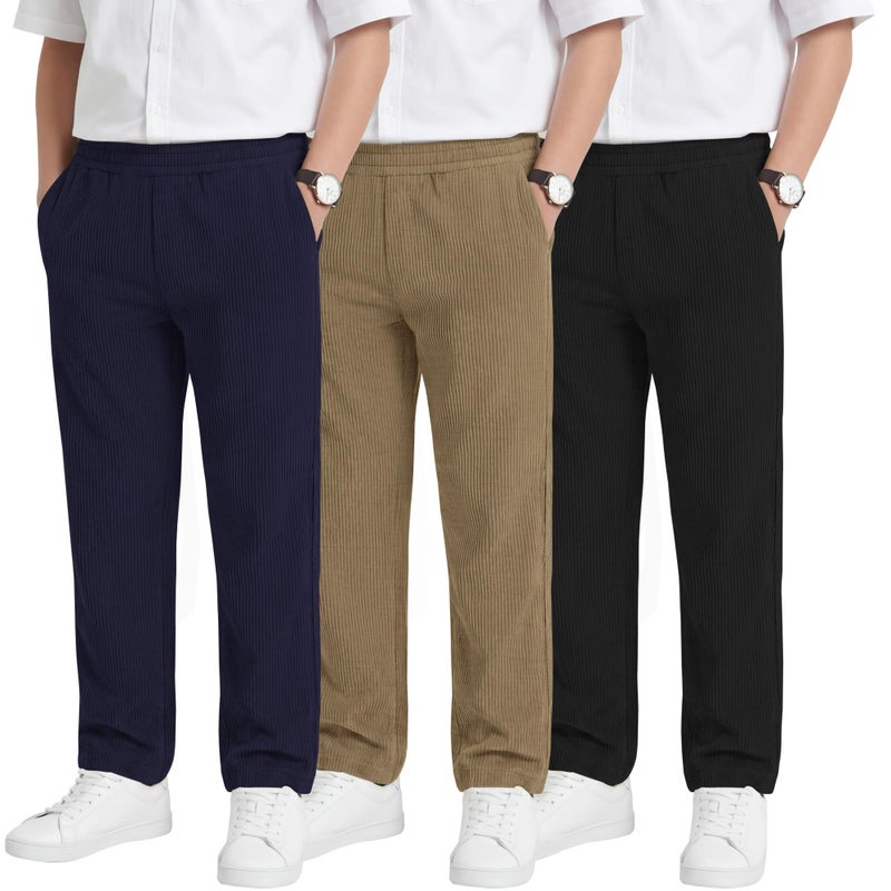 LessonZoo 3 Pack Boys' School Uniform Pants Corduroy Pull-on Sweatpants Straight Leg Elastic Waist Joggers with Pockets(Navy Blue, Khaki, Black,12-13 Years) - Image 1