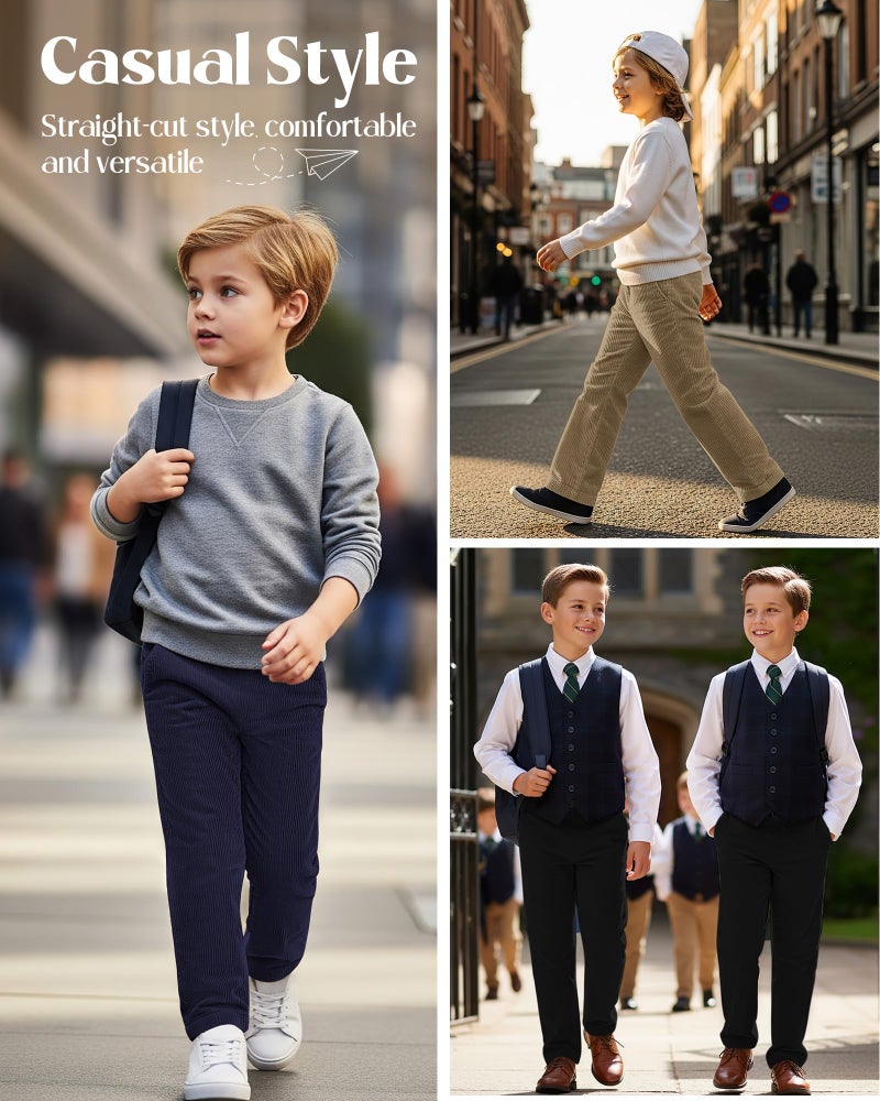 LessonZoo 3 Pack Boys' School Uniform Pants Corduroy Pull-on Sweatpants Straight Leg Elastic Waist Joggers with Pockets(Navy Blue, Khaki, Black,12-13 Years) - Image 5