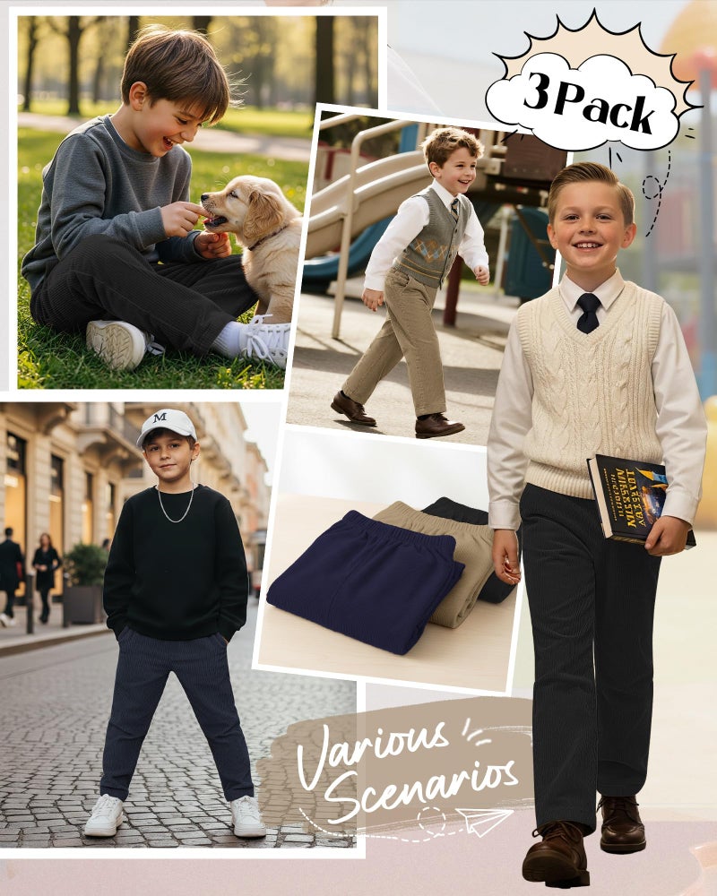 LessonZoo 3 Pack Boys' School Uniform Pants Corduroy Pull-on Sweatpants Straight Leg Elastic Waist Joggers with Pockets(Navy Blue, Khaki, Black,12-13 Years) - Image 2