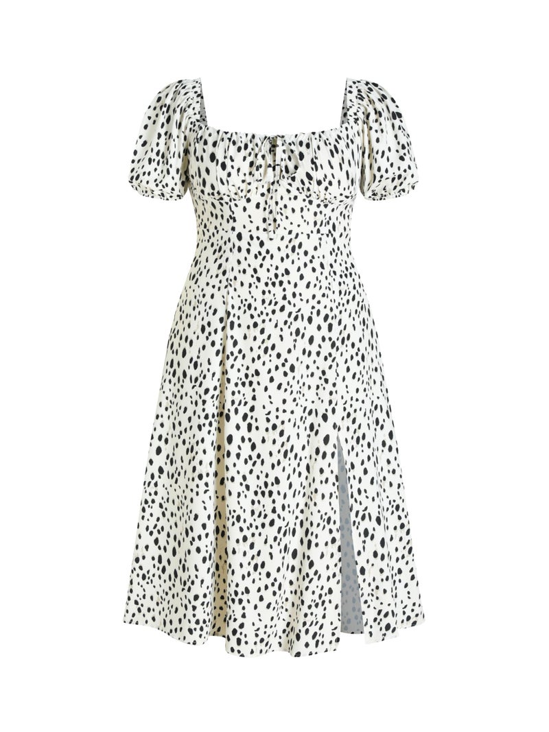 CIDER Women's Plus Size Dress Floral Fruit Square Neck Puff Sleeve Split Sun Dress Summer Midi Dresses Vacation Outfits Beige - Image 1