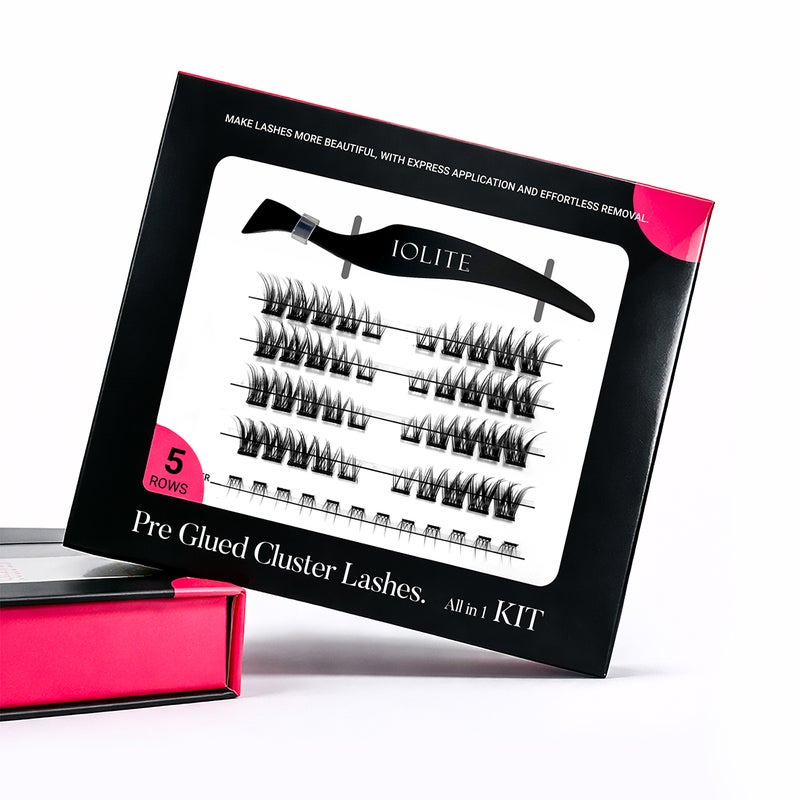 DIY Lash Clusters – Iolite Pre-Glued Premade Lash Kit, Self-Adhesive Russian Eyelash Extensions Fluffy Wispy Cat Eye False Lashes Premade Volume & Classic Clusters Easy Apply with Tweezers, Reusable