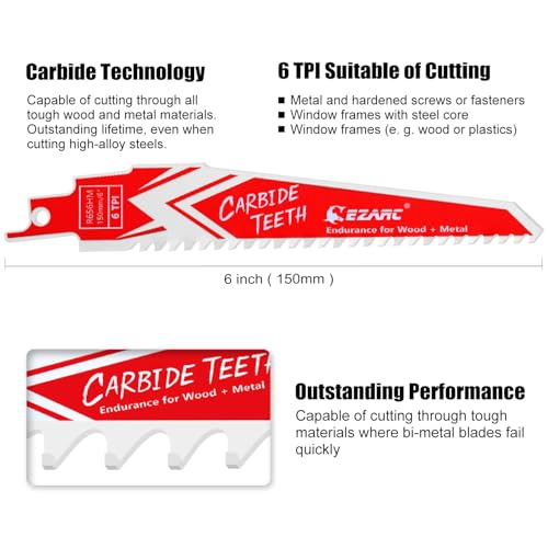 EZARC Carbide Reciprocating Saw Blades 6-Inch, Endurance Sabre Saw Blade Set for Hard Wood and Metal Demolition 6TPI, 3-Pack R656HM - Image 2