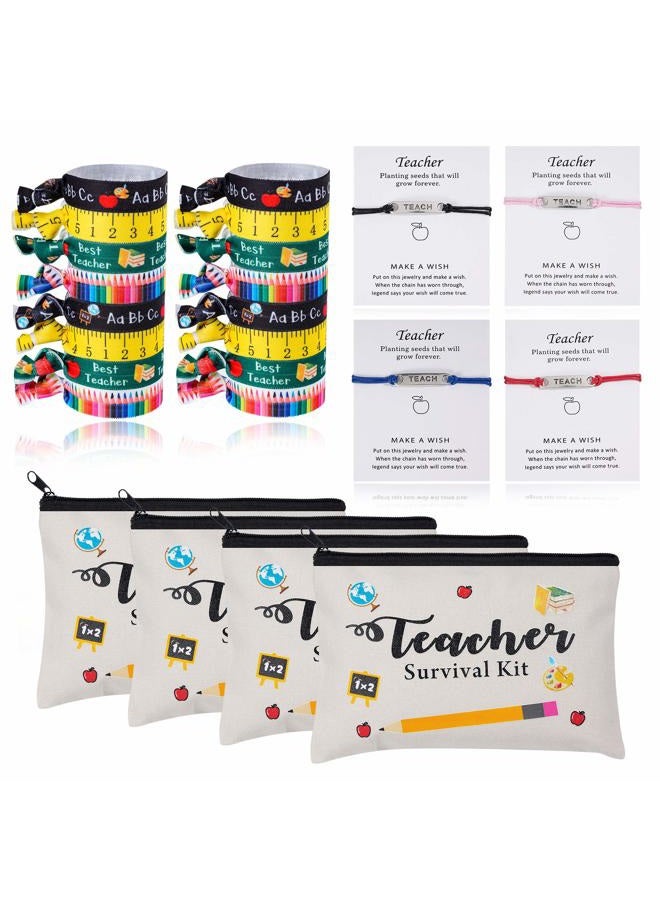 Kolewo4ever 24pcs Teacher Appreciation Gifts 4 Makeup Pouch Cosmetic Bag and Teach Blessing Card Bracelets with Greeting 16 Hair Ties No Crease Ribbon Elastic Ponytail Holder - Image 1