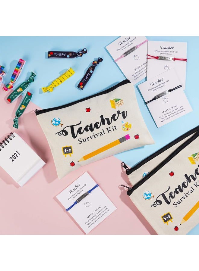 Kolewo4ever 24pcs Teacher Appreciation Gifts 4 Makeup Pouch Cosmetic Bag and Teach Blessing Card Bracelets with Greeting 16 Hair Ties No Crease Ribbon Elastic Ponytail Holder - Image 5