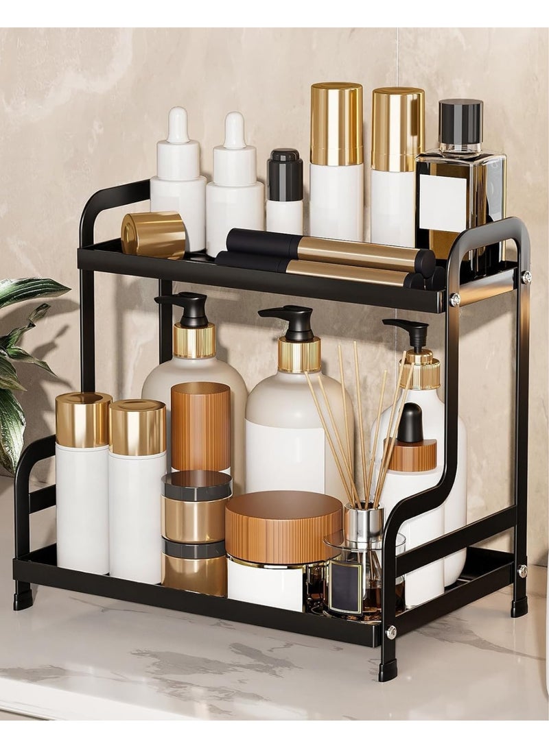 2-Tier Bathroom Countertop Organizer, مُنَظِّمُ سَطْحِ الحَمَّامMetal Sink Shelf for Vanity Storage, Makeup Organizer Tray for Bedroom Corner, Space Saving Black Bathroom Storage Rack - Image 1