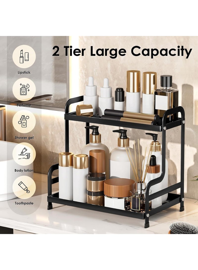 2-Tier Bathroom Countertop Organizer, مُنَظِّمُ سَطْحِ الحَمَّامMetal Sink Shelf for Vanity Storage, Makeup Organizer Tray for Bedroom Corner, Space Saving Black Bathroom Storage Rack - Image 4