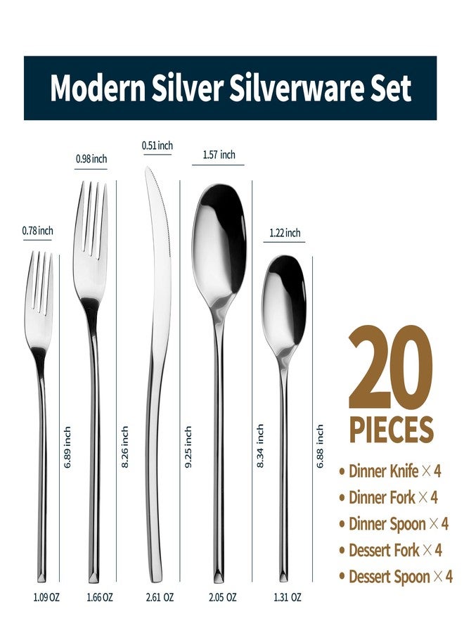 Lemeya 20-Piece Silverware Set for 4,Modern 18/10 Stainless Steel Flatware Set,Luxury Cutlery Set,Unique Utensils Set for Restaurant,Spoons and Forks Set,Mirror Polished,Dishwasher Safe - Image 2